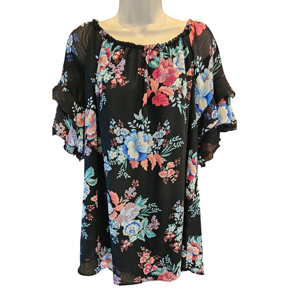 Made in USA coquette 1X Flutter Sleeve chiffon floral EUC tunic top cottagecore
